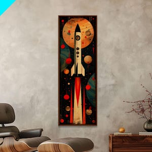 Vintage Rocket Launch Art - Framed Canvas Print, Midcentury Modern Skinny Art, Tall Wall Art for Living Room or Bedroom Decor