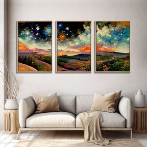 Night Starry Sky Landscape Colorful Night Sky Nature Living Room Wall Art Spiritual Starry, 3 Piece Wall Art, Ready To Hang Canvas Print image 4