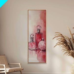 Elegant Perfume Bottles Painting Framed Canvas Print with Pink Abstract Art Featuring Feminine Vintage Decor Accents or Gift Idea