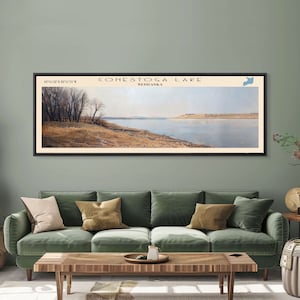 Conestoga Lake Nebraska Framed Canvas Print, Panoramic Lake House Decor, Wide Wall Art, Travel Poster, Modern Lake Painting, Nature Art