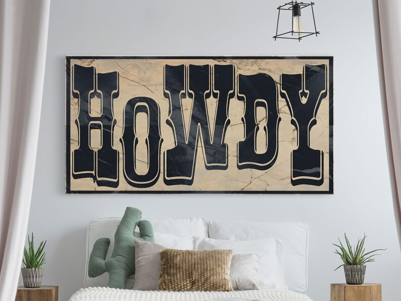 May include: A rustic wooden sign with the word "HOWDY" in black lettering. The sign has a distressed, vintage look and is perfect for adding a touch of Western charm to any home.