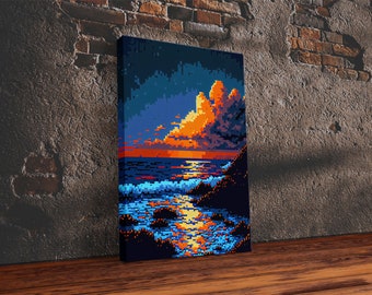 Pixel Art Sunset Obscured by Clouds, Framed Canvas Print, 8