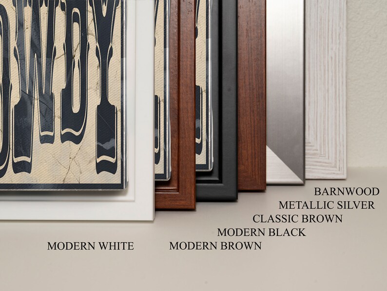 May include: A close-up of different frame options for a print. The frames are in the following colors: modern white, modern brown, modern black, classic brown, metallic silver, and barnwood.