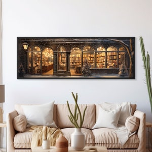 Victorian Library In The Winter, Framed Panoramic Canvas Print, Extra Wide Art, Above Sofa Art, Winter Decor, Christmas Decor, The Book Shop