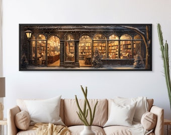 Victorian Library In The Winter, Framed Panoramic Canvas Print, Extra Wide Art, Above Sofa Art, Winter Decor, Christmas Decor, The Book Shop