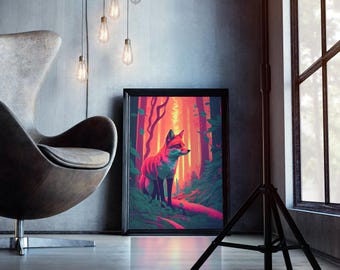 Fuchsia Fox In Woods Forest Twilight Sunset Fine Art Print, Wall Decor, Wall Poster, Wall Art Print