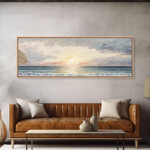 Acuarela de playa caprichosa, impresión en lienzo enmarcada, arte panorámico de la casa del lago, pasteles claros, arte de formato ultra ancho sobre la cama