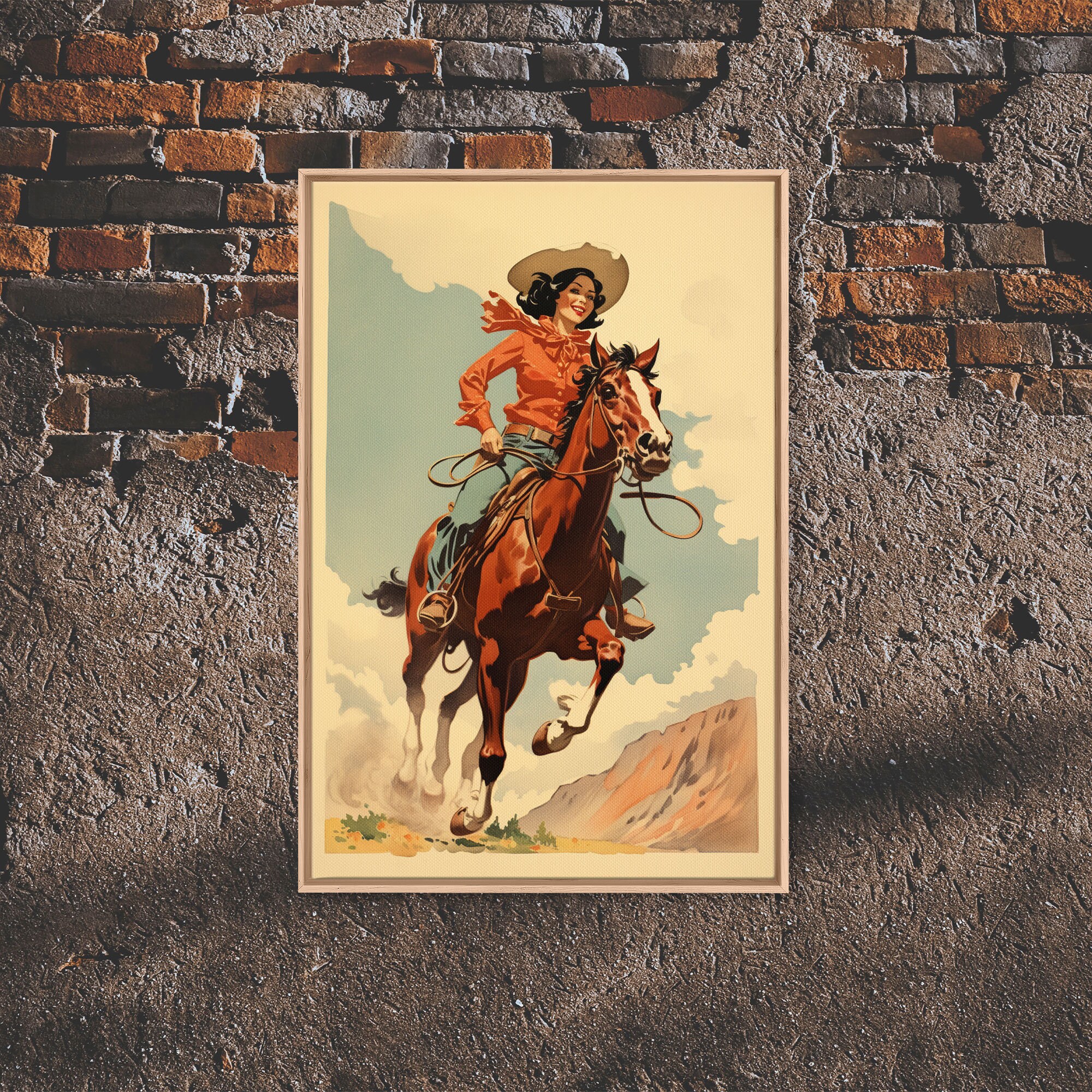 Rustic Horse Rider Cowgirl Oil Painting Canvas Print, Vintage Western Cowboy Art, Southwest Room Decor, Countryside Print, Country Art