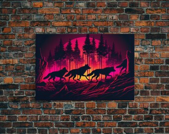 Wolf Pack on the hunt at sunset, synthwave animal art, framed canvas print