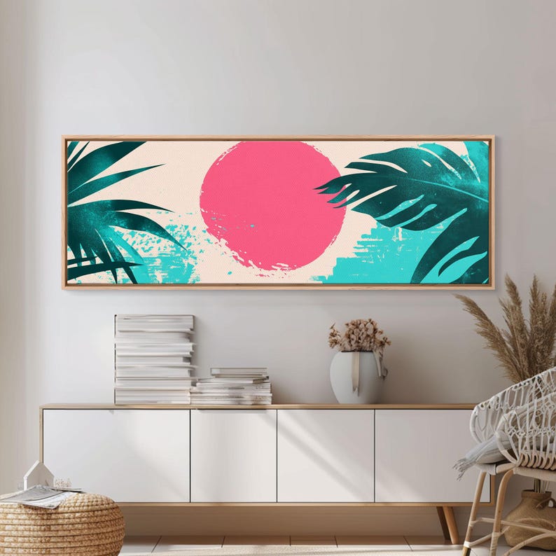 Vaporwave Style Wall Art, Pink Sun and Turquoise Palm Leaves, Retro