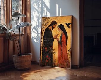 Noli Me Tangere Christ and Mary Magdalene Framed Canvas Print - Elegant Art Deco Christian Wall Art Large Resurrection Scene for Home or Ch
