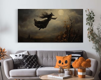 The Flying Witch, Framed Canvas Print, Halloween Wall Art, Horror Prints, Halloween Decoration