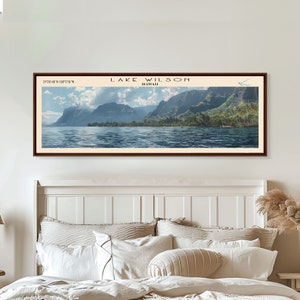 Lake Wilson Hawaii Framed Canvas Print, Lake House Decor, Panoramic Wall Art, Travel Poster, Beautiful Landscape Painting, Modern Art