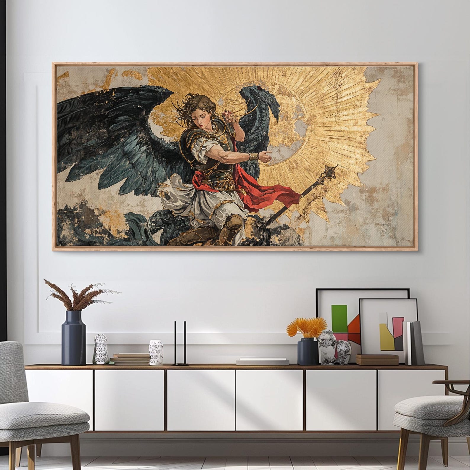 Saint Michael Defeating the Dragon Nihonga Style Framed Canvas Print ...