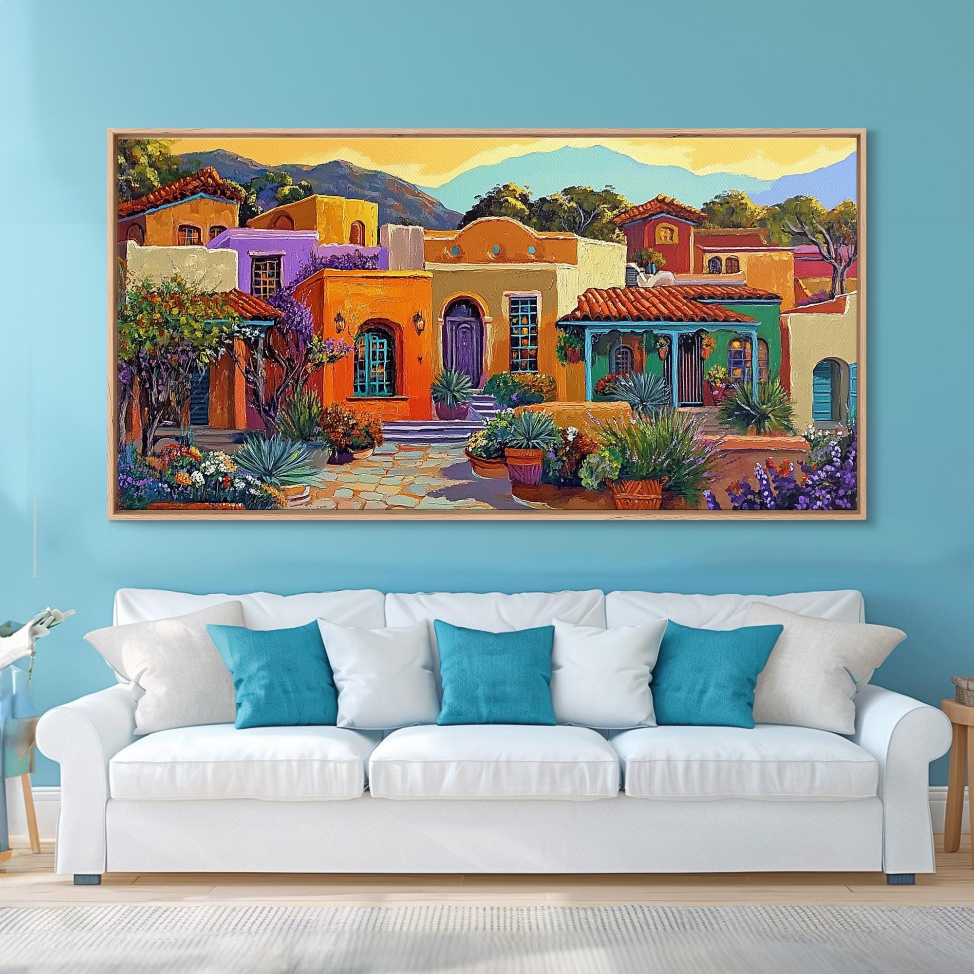 Colorful Adobe Homes, Desert Village Scene, Southwest Art Style