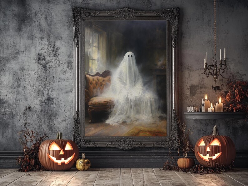 The Ghost Sits On The Sofa, Framed Canvas or Canvas Print, Gothic Victorian Halloween Painting, Cool Halloween Decor image 19