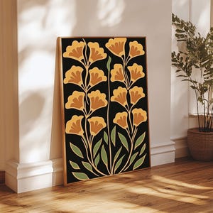 Abstract Flower Retro Painting Canvas Print, Large Art, Original Minimalist Yellow Floral Art, Custom Painting Boho Wall Decor Living Room