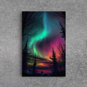 Aurora Borealis, Northern Lights Art, framed canvas print, snow capped mountain landscape art