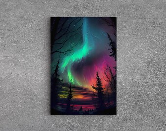 Aurora Borealis, Northern Lights Art, framed canvas print, snow capped mountain landscape art