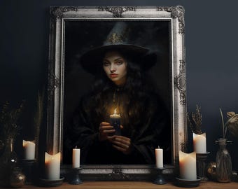 The Witch And The Candle, Gothic Victorian Art, Framed Canvas Print, Halloween Canvas, Halloween Decoration, Dark Academia Gothic Art