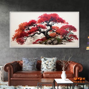 Vintage Bonzai Tree Framed Canvas Print, White Background Wall Art, Japanese Style Art, Japanese Maple Bonzai Tree, Japanese Maple Tree
