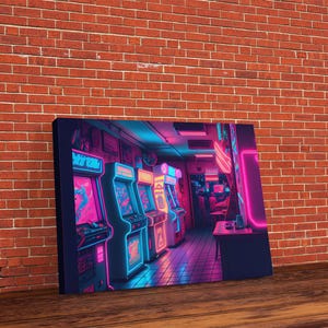 Neon Arcade, unique game room art, Retrowave arcade machine art, framed canvas print, framed wall art | Wall Art