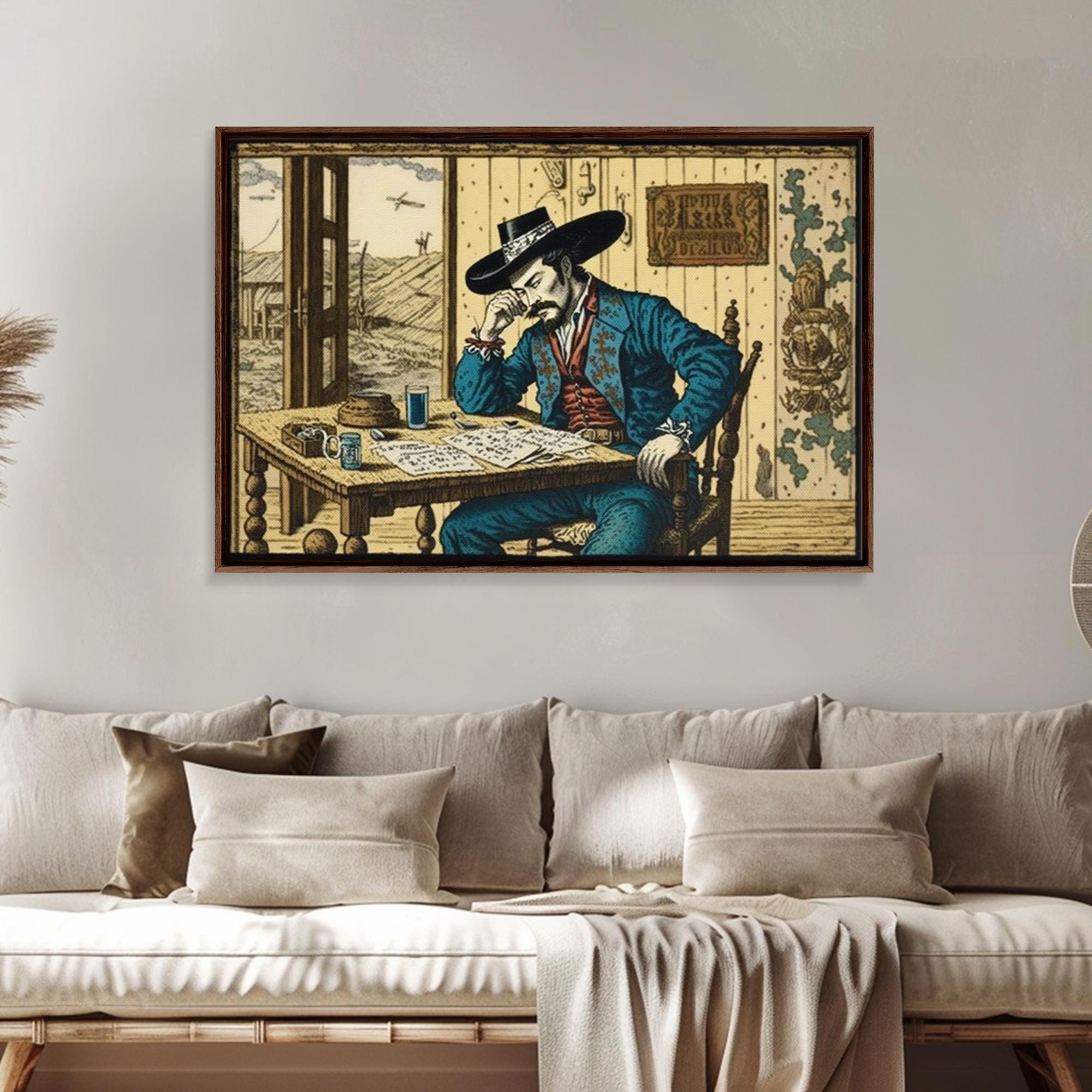 Japanese Cowboy, Wild West Samurai Mashup Art, Framed Canvas Print