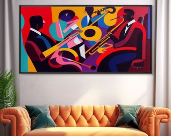 Music wall art, jazz oil painting print, framed canvas print, music gift, jazz club decor, extra large music art, abstract music