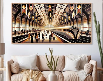 Art Deco Train Station - Retro Decor - Framed Canvas Print
