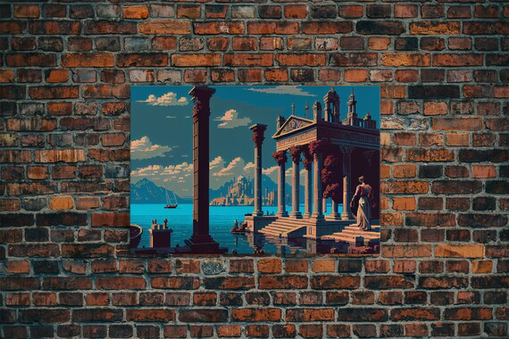 Ancient Roman Architecture, 8 Bit Pixel Art, Framed Canvas