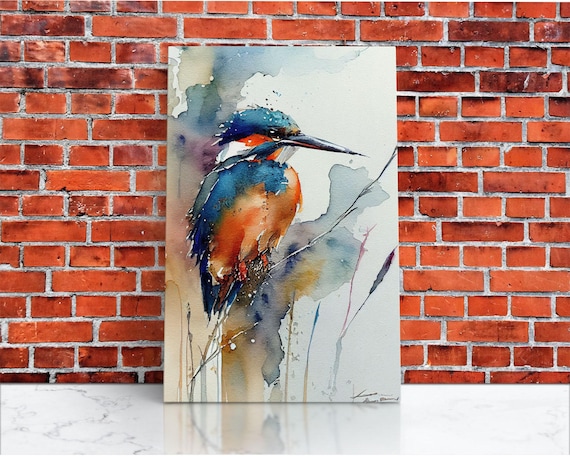 Watercolor of a Kingfisher, Framed Canvas Print, Bird Painting, Bird Watcher Art, Blue and Orange Kingfisher Watercolor Painting