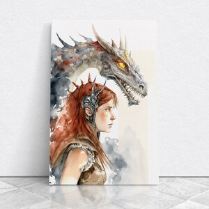 The Dragon Girl, Dragon Painting Canvas Print, Dragon Art, Fantasy Art, Fantasy Painting Wall Art, Girl and Her Dragon, Gamer Gift Wall Deco
