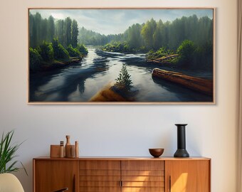 Flowing River wall decor, ready to hang canvas print wall art, blue river cabin art, lake house art