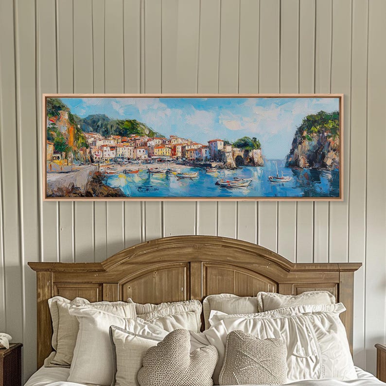 Muted Italian Fishing Village Painting Print, Boho Wall Art, Minimalist