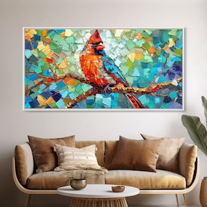 Framed Canvas Print Of A Cardinal, Stained glass Style cardinal Mothers Day gift Bereavement gift cardinal memorial ornament Wall Art