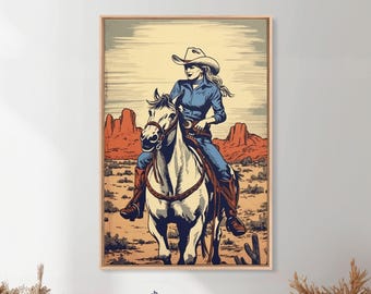 Western Cowgirl Art, 24x36 Canvas Print, Equestrian Wall Art, Cowboy Decor, Southwestern Art, Wild West Retro Decor, Western Comic Book Art