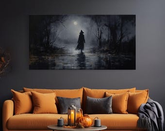 Witch Walking In The Rain Under A Full Moon, Witch Print, Framed Canvas or Poster, Victorian Oil Painting, Dark Academia, Witchcraft Decor