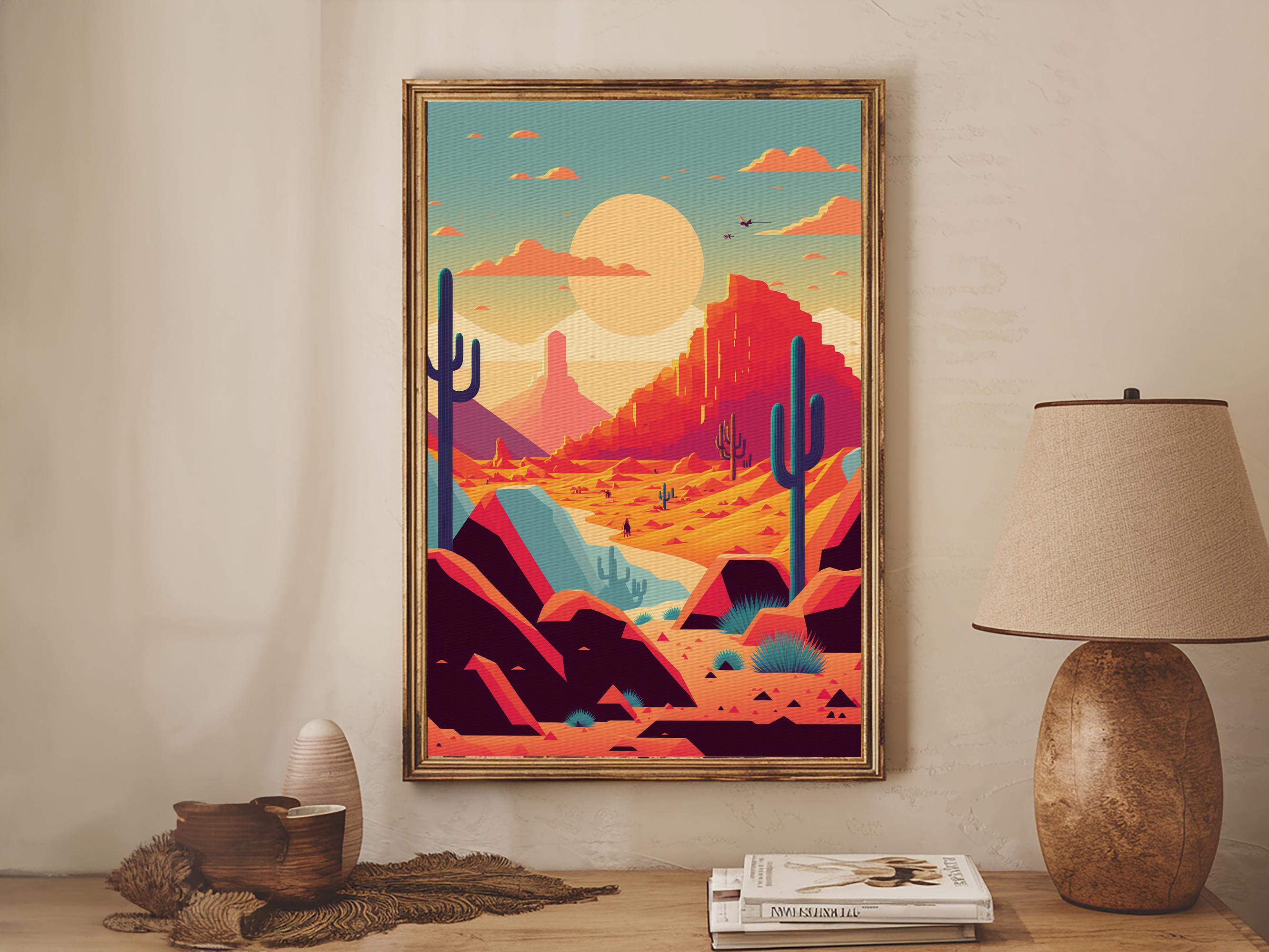 Retro Synthwave Desert Landscape Art, Framed Canvas Print, Unique