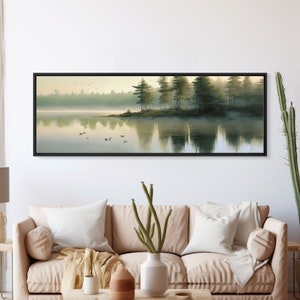 framed lake landscape art, panoramic, framed wall art,  living room wall decor, framed canvas, minimalist landscape, abstract landscape art