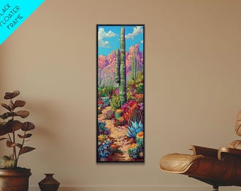 Tall and Narrow Colorful Desert Art Framed Canvas Print, Western Cactus Painting, Desert Landscape Art, Framed Living Room Art