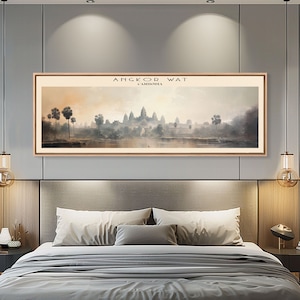 Angkor Wat Cambodia | Framed Travel Poster Panoramic Canvas Print | Trendy Wall Art | Watercolor Painting | Living Room Art