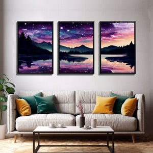 Fantasy Starry Night Magical Forest Landscape, 3 Piece Wall Art, Ready To Hang Canvas Print, Cool Unique Living Room Wall Art Decor image 6