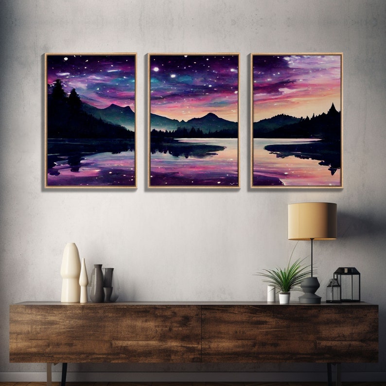 Fantasy Starry Night Magical Forest Landscape, 3 Piece Wall Art, Ready To Hang Canvas Print, Cool Unique Living Room Wall Art Decor image 3