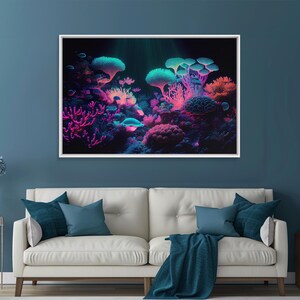 Coral Reef art, synthwave aesthetic ocean art, framed canvas art, framed wall art canvas print image 7