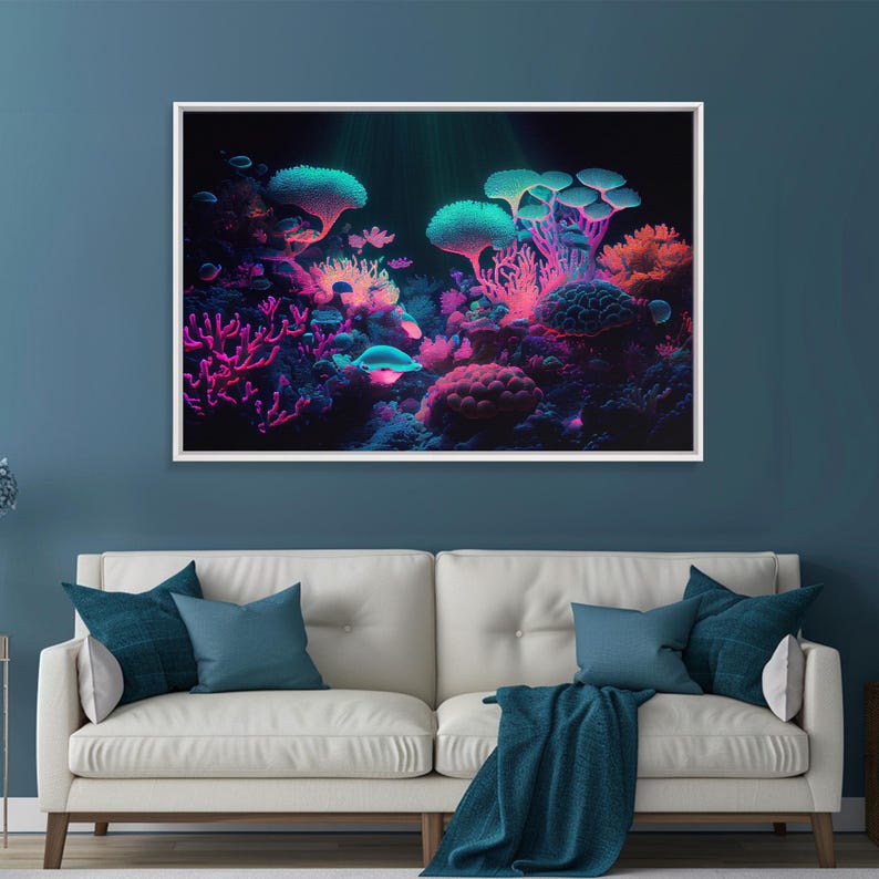 Coral Reef art, synthwave aesthetic ocean art, framed canvas art, framed wall art canvas print image 7