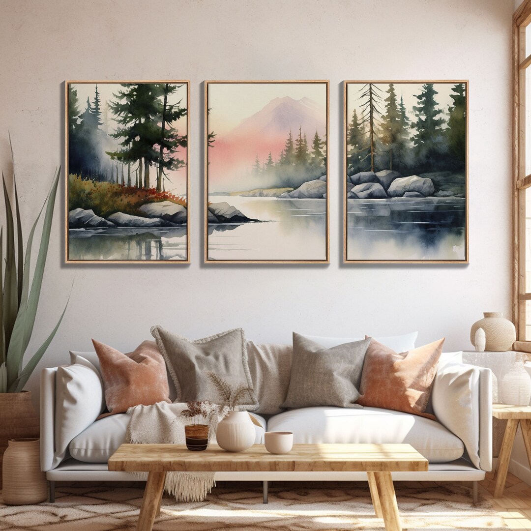 Framed Canvas Wall Art Set of 3 Pastel Mountain Range Lake Nature ...