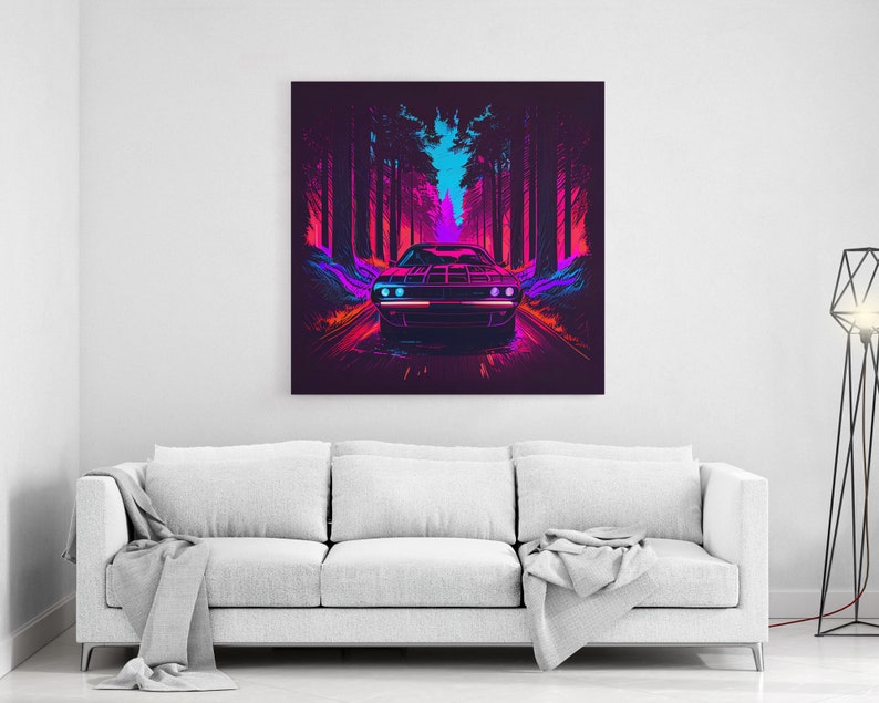 Synthwave Modern Muscle Car Art, Framed Canvas Print, Unique Outrun Style Wall Art, Retro Vibes, Muscle Car In a Forest Road image 2