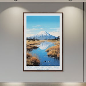 Tongariro National Park Travel Art Framed Canvas Print New Zealand Home Decor, Travel Poster, Vintage Wall Art, original Watercolor Painting