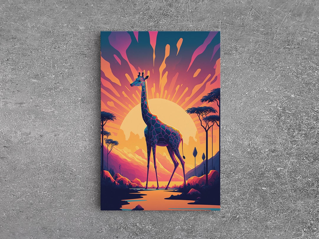 Retro Style Pop Art Giraffe Art, Synthwave Line Art, Framed Canvas