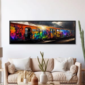 Tren cubierto de grafitis, arte de grafitis colorido, arte mural extragrande, impresión panorámica en lienzo, decoración de pared enmarcada
